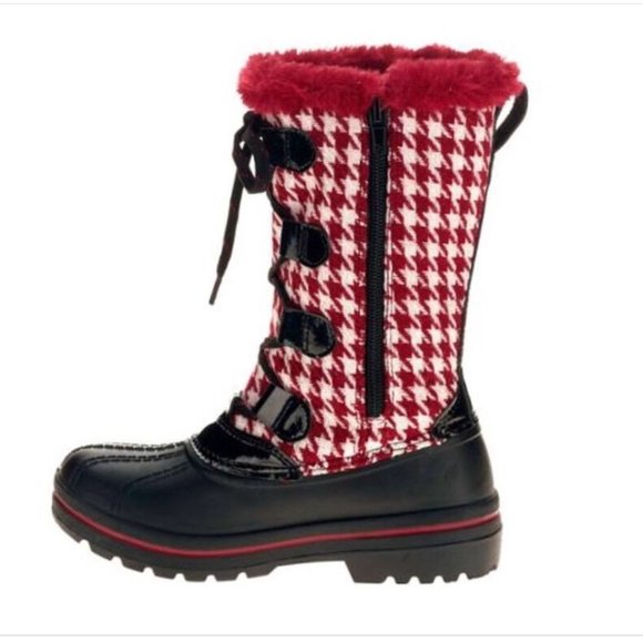 Ozark Trail 5 Big Girls Houndstooth Faux Fur Trimmed Winter Boots in Red - Black - Picture 2 of 4